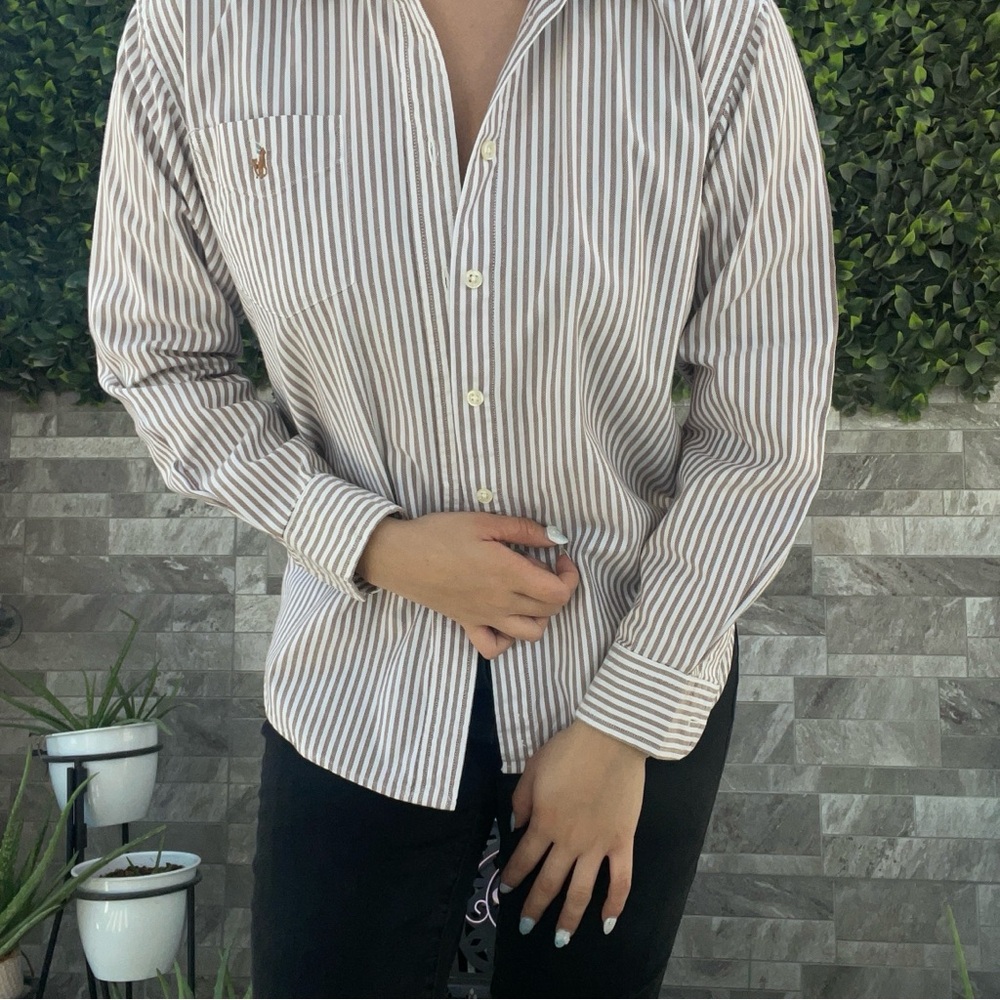 Ralph Lauren White and Brown Casual Button Down Shirt